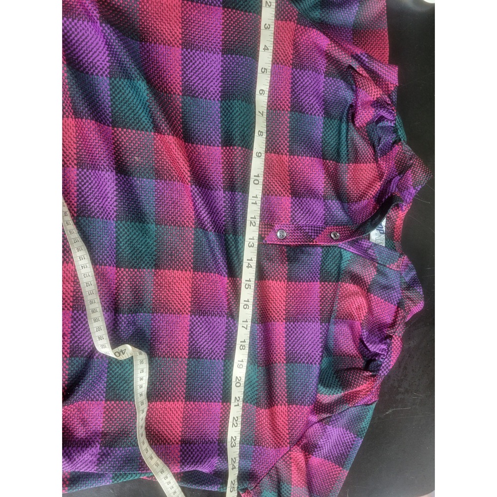 Vintage Top Notch Purple Teal Plaid Henley Blouse 3/4 Roll Tab Sleeve Top L